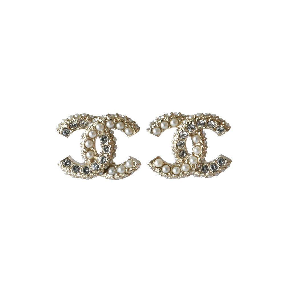 Chanel Cc Pearl Crystal Strass Stud Earrings Gold